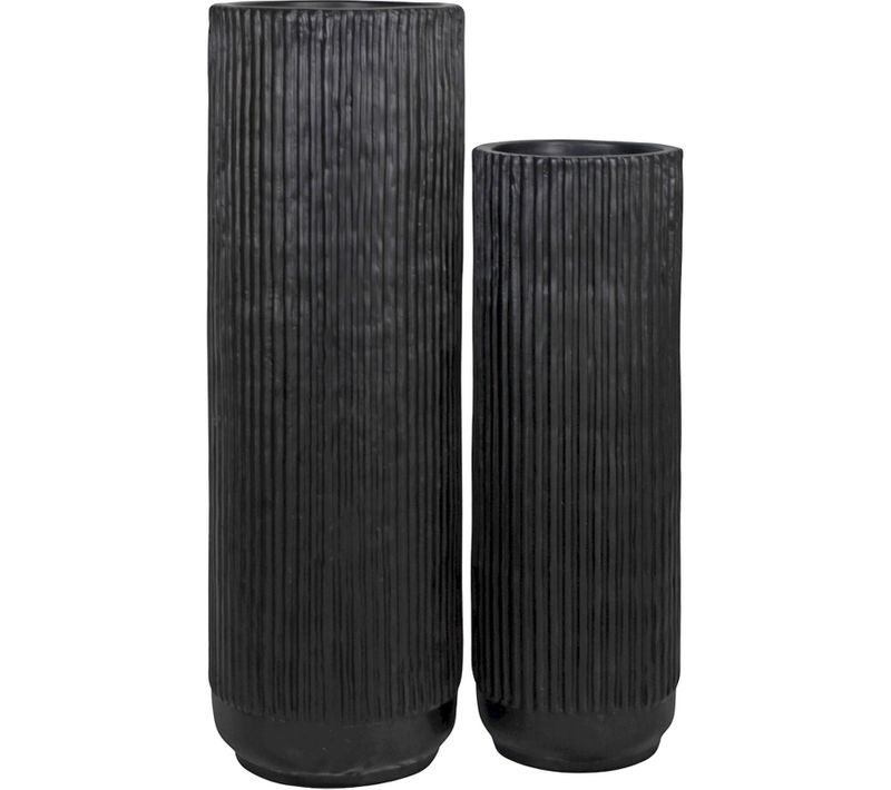 Vase Décoratif Noir Terracotta à Relief Lignes Verticales