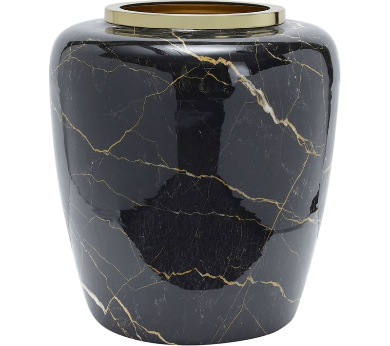 Vase Décoratif Effet Marbre Noir Et Beige En Métal Élégant