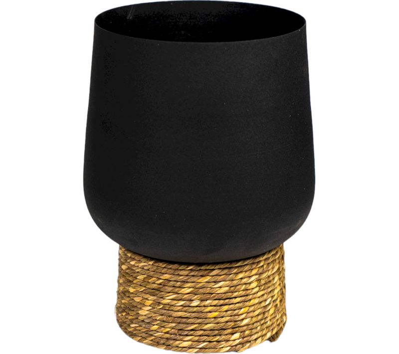 Cache Pot Métal Noir Avec Base En Rotin Naturel élégant