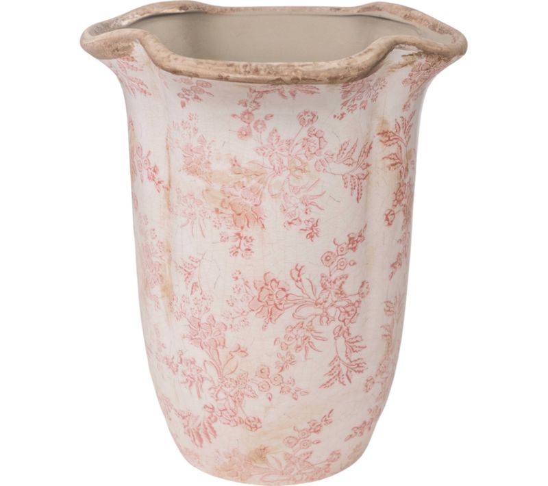 Vase En Porcelaine Ondulé Motif Floral Beige Et Rose
