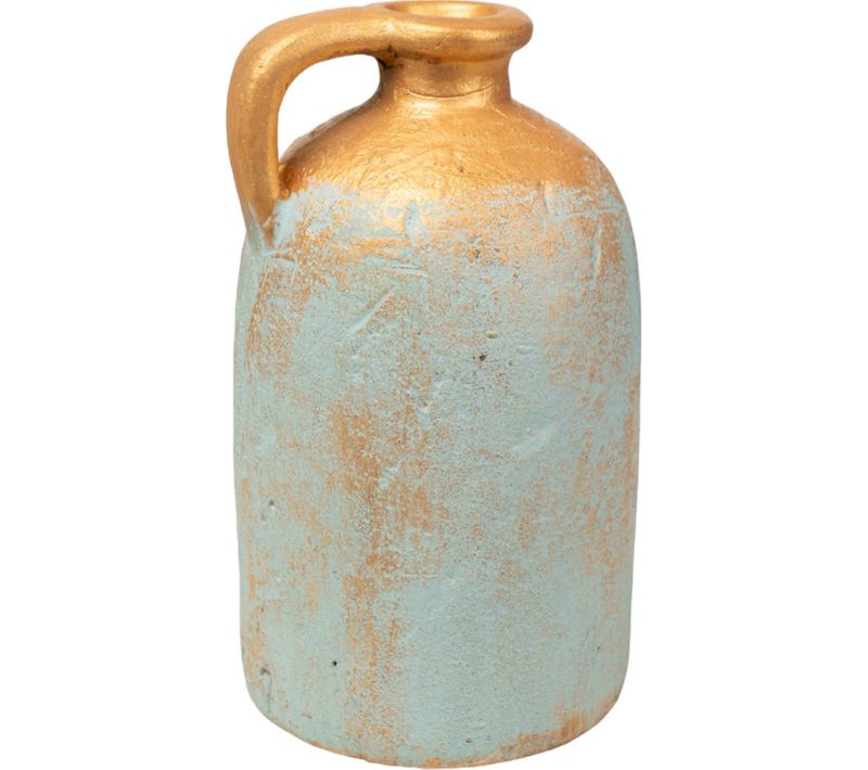 Vase Décoratif En Terre Cuite Bleu Et Doré Avec Anse Élégante