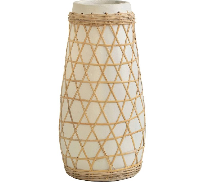 Vase Décoratif En Céramique Blanche Et Rotin Tressé