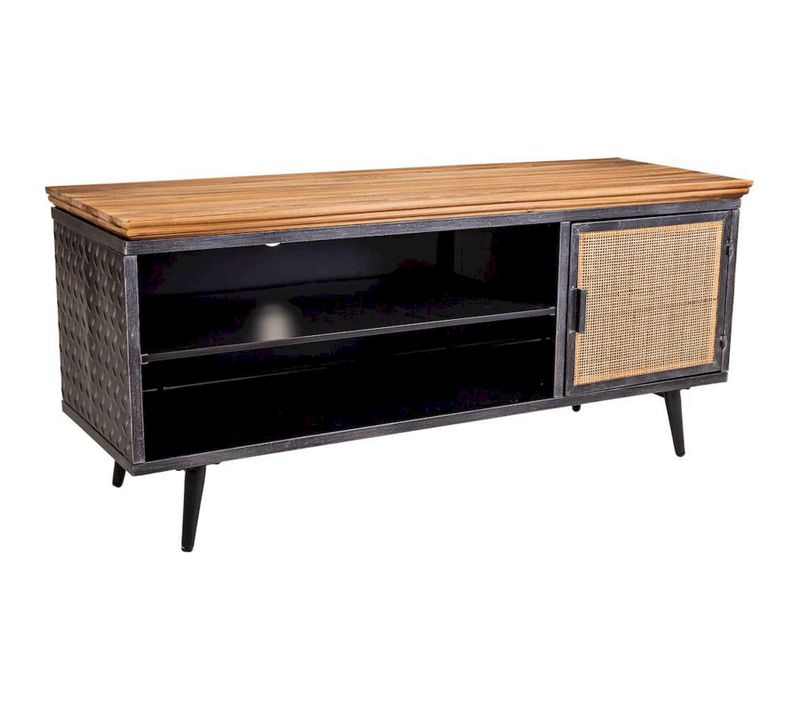 Meuble TV Industriel Bois Métal Et Cannage Élégant