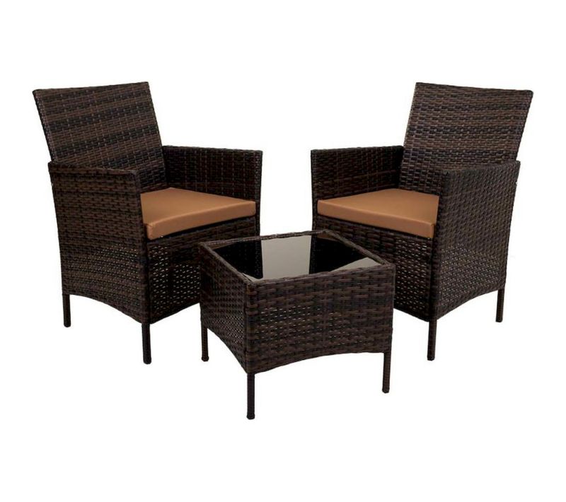 Salon De Jardin En Rotin Brun Avec Table Et Deux Fauteuils