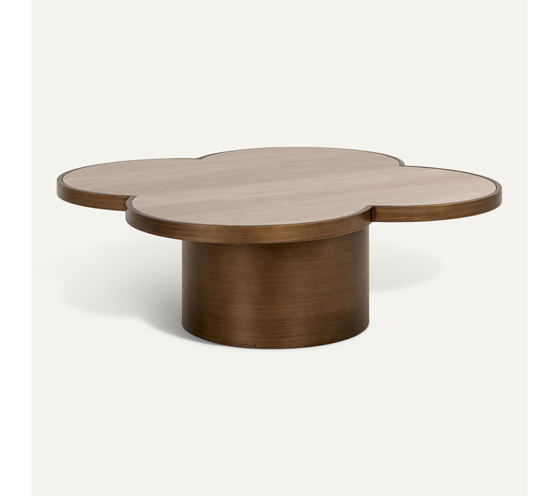 Table Basse Design Forme Trèfle Beige Travertin Et Bois