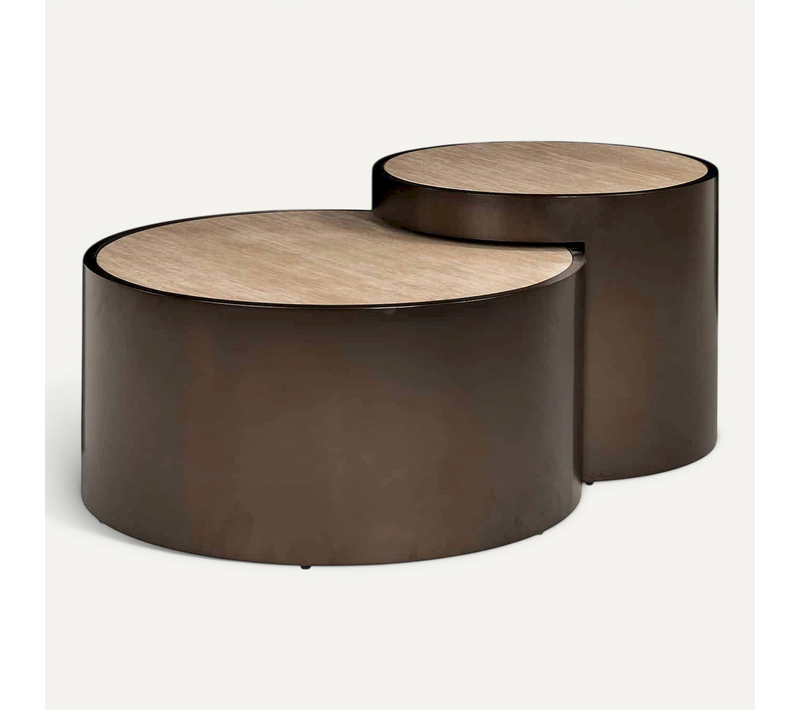 Table Basse Ronde Design Beige Effet Travertin Et Base Bronze