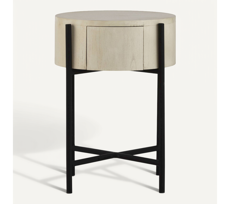 Table De Chevet Bois De Cèdre Blanc Voilé Et Piétement Noir