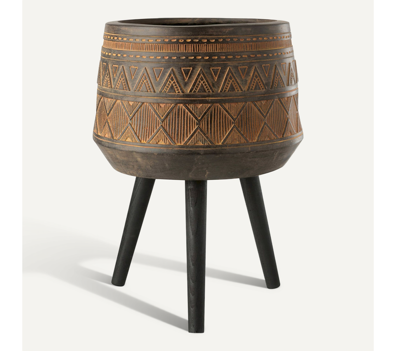 Cache Pot Ethnique Sur Trois Pieds En Marron Et Beige