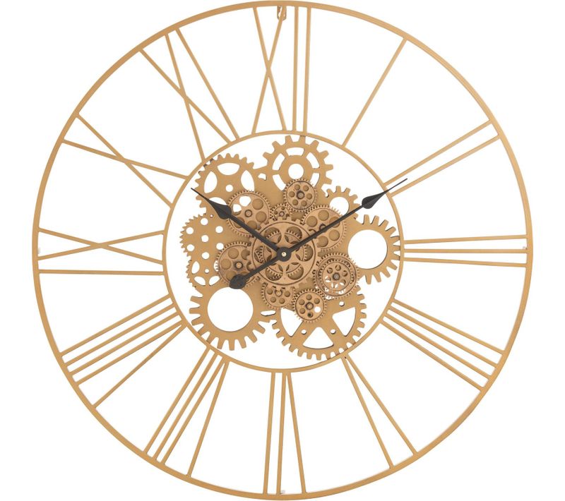 Horloge Murale Dorée Chiffres Romains Engrenages Métal Design