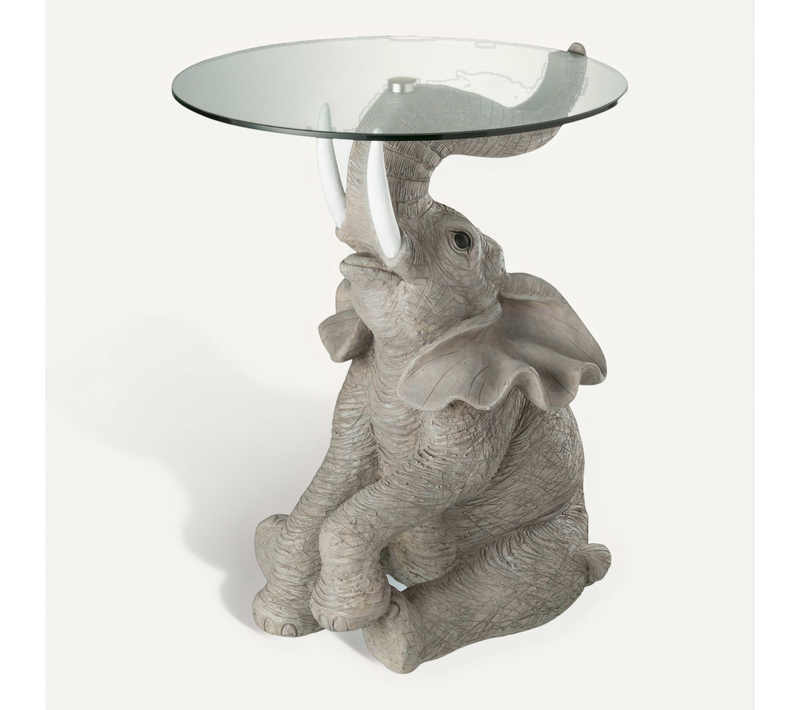 Table D'appoint éléphant En Polyresine Gris Avec Plateau Verre