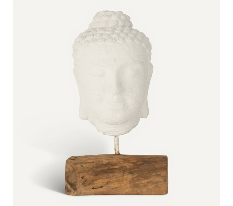 Sculpture Tête Bouddha En Bois Teck Et Ciment Blanc Naturel