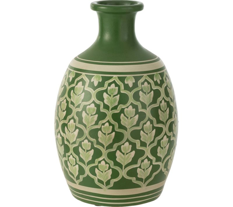 Vase En Terre Cuite Vert Motifs Floraux Et Lignes Blanches