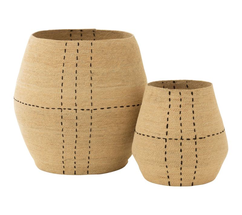 Panier Jonc Naturel Et Noir Lignes Décoratives Pour Rangement Élégant