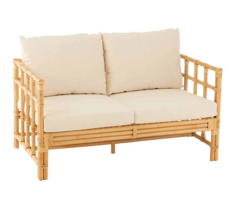 Sofa Rotin Naturel Avec Coussins Blancs Pour Salon Cosy