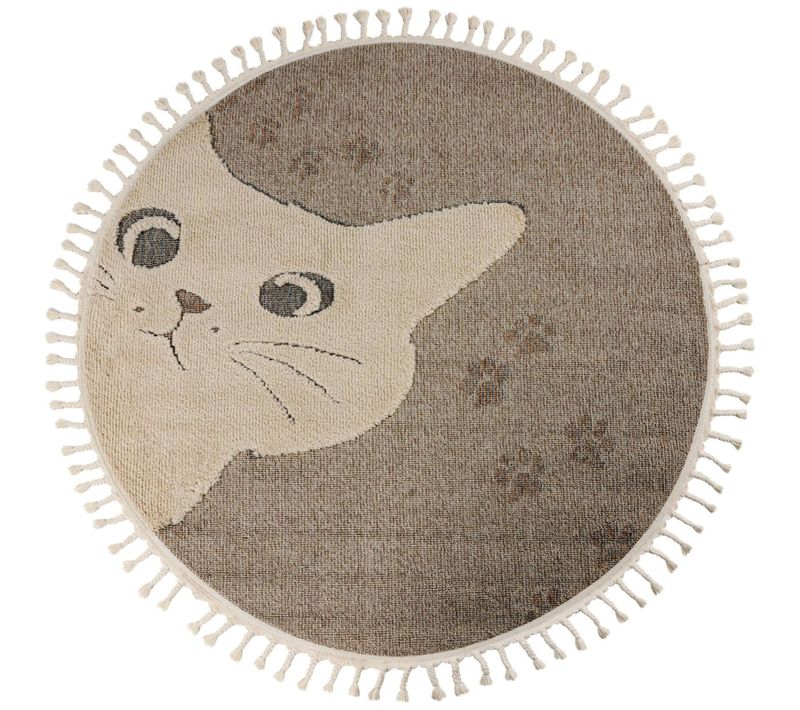Tapis Rond Enfant Chat Taupe Effet 3d Cut Loop 170 X 120 Cm Marron