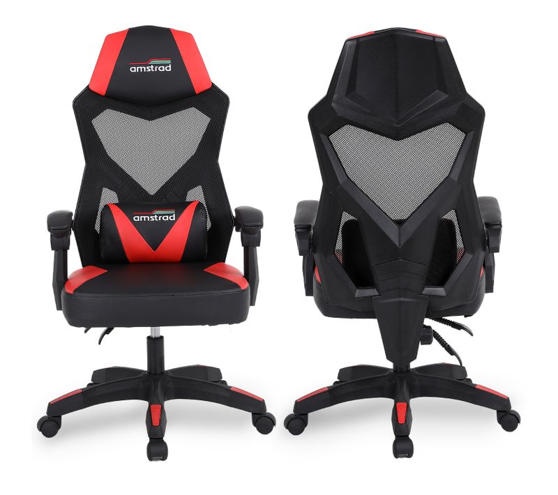 Fauteuil Gamer Ou Bureau Ams-309-bk Noir Et Rouge - Coussin Lombaire - Tissu En Maille Respirante