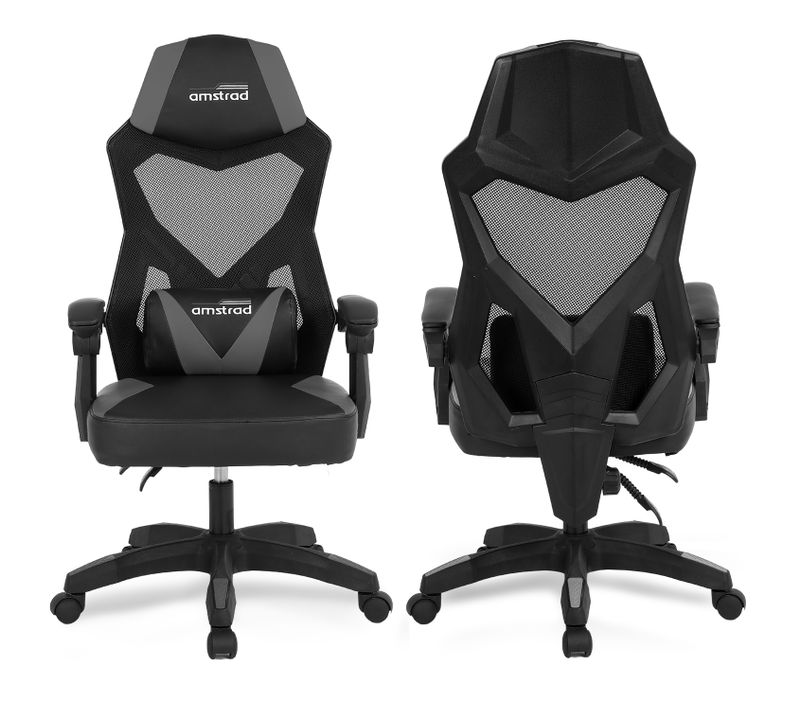 Fauteuil Gamer Noir et Gris - Coussin Lombaire - Tissu En Maille Respirante