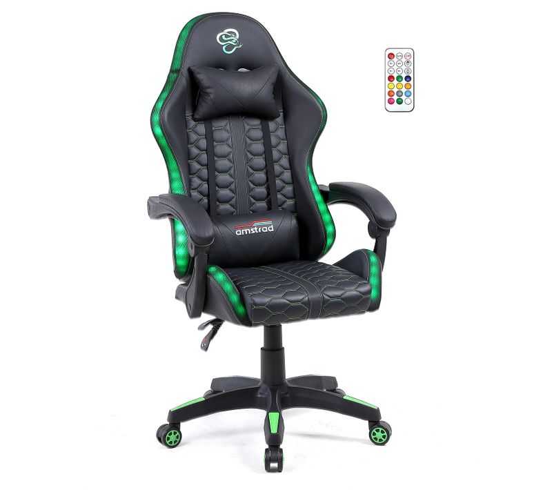 Fauteuil Gaming Ams-led-venom - Simili Cuir Noir Et Vert - Eclairage LED 366 Effets - Télécommande