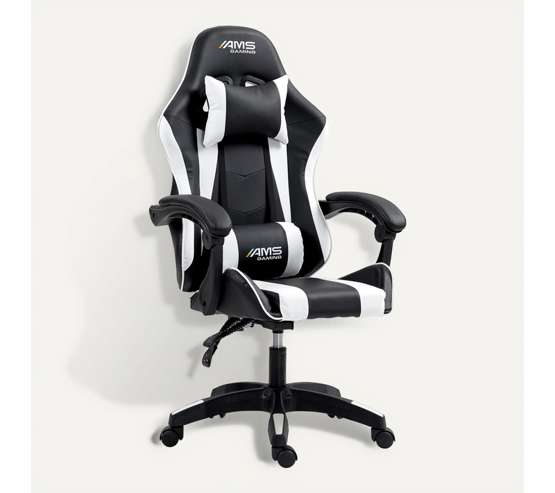 Chaise Gamer 02-white Coloris Noir et Blanc - Coussin Lombaire et Appuie Tête - Siège Gaming