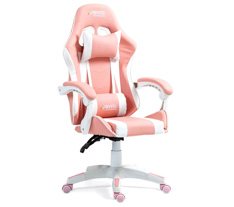 Chaise Gamer 02-pink Coloris Noir et Rose - Coussin Lombaire et Appuie Tête - Siège Gaming