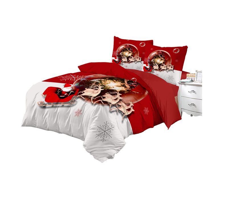 Housse De Couette + Taies 200 X 200 Cm + Drap Housse Rennes De Noel Et Traineau