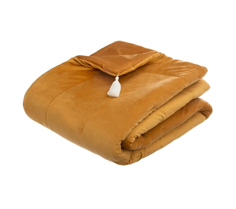 Edredon Velours Et Pompons 80 X 180 Cm Jaune Ocre