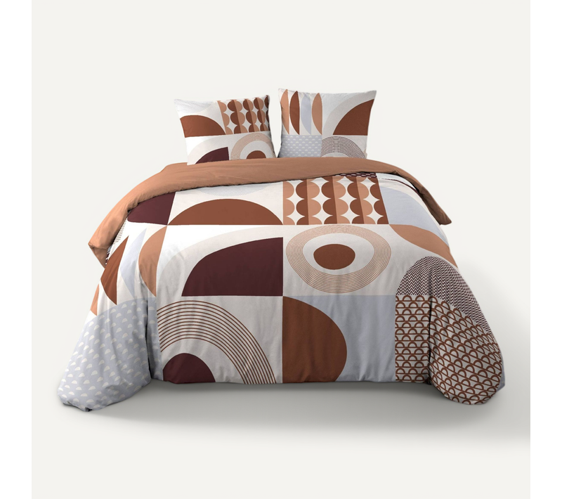 Housse Couette + 2 Taies 220 X 240 Cm Motif Géométrique Terracotta