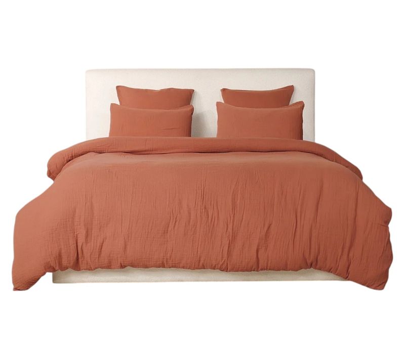 Housse De Couette + Taies Gaze De Coton Lave 240 X 260 Cm Douceur Safran Mineral
