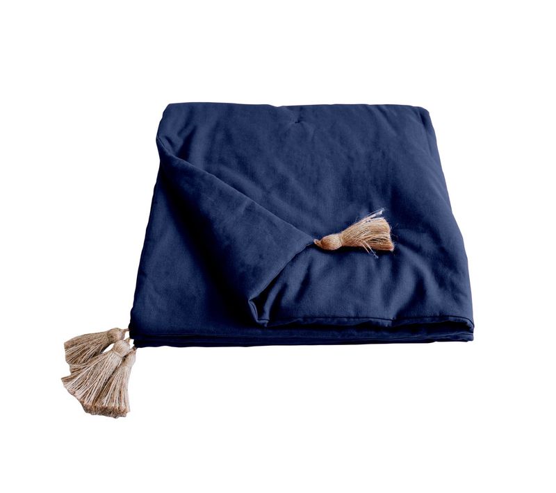 Edredon Bout De Lit En Coton Avec Pompons 90 X 190 Cm Cocoon Bleu Marine