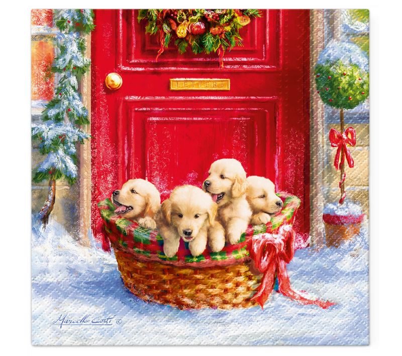 20 Serviettes En Papier 33 X 33 Cm Chiots De Noel