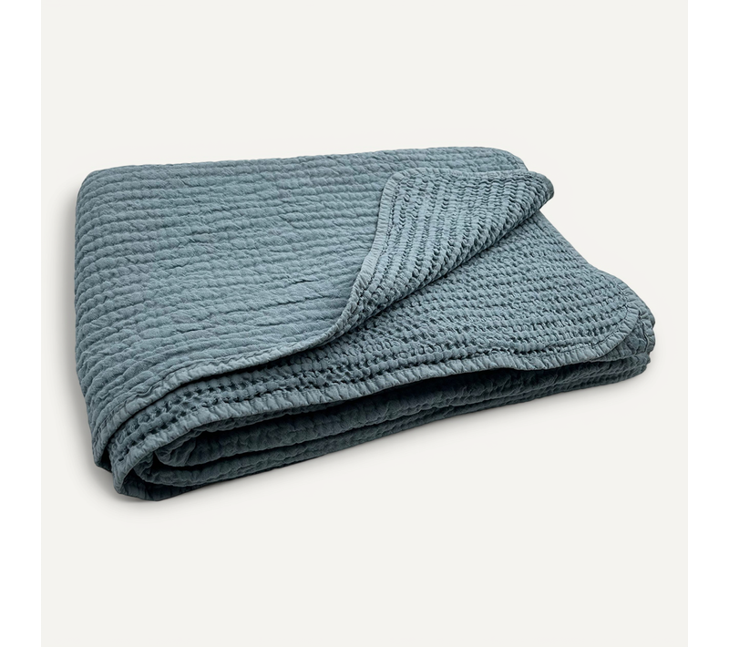 Plaid Réversible En Coton Nid D'abeille - 125x180 Cm - Bleu