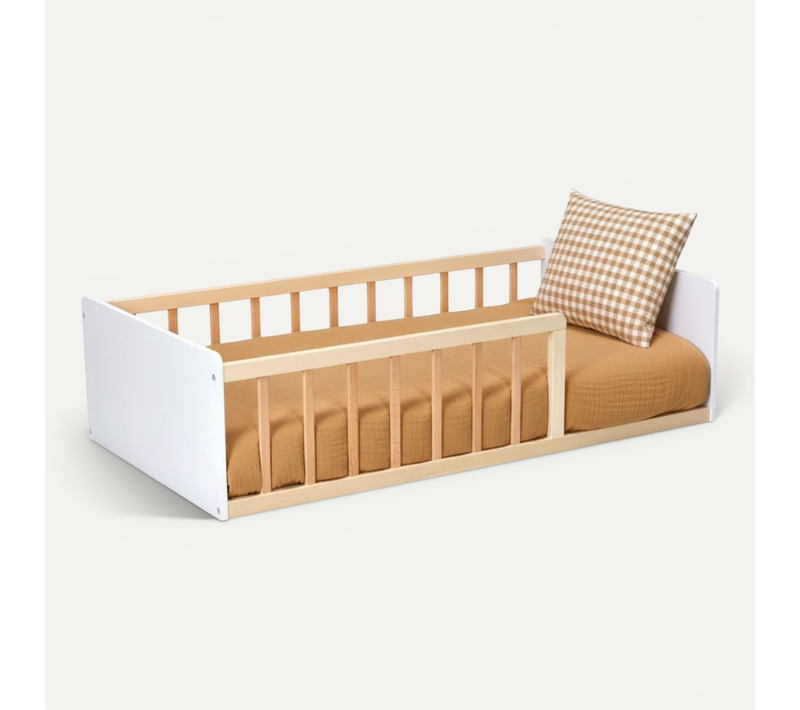 Lit Enfant Inspiration Montessori Au Sol à Barreaux Bicolore 70x140 Naturel Et Blanc