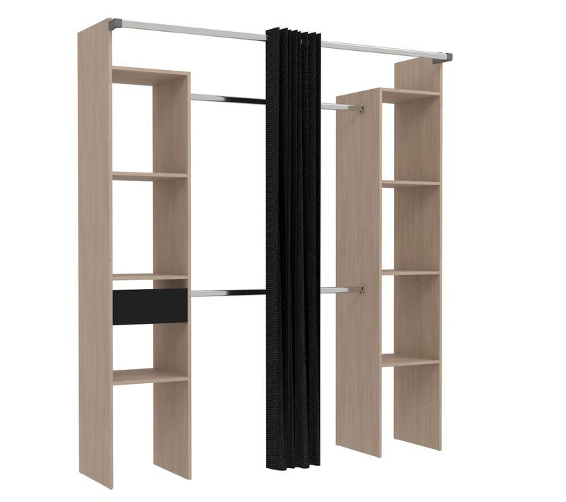 Dressing 2 Colonnes Bois Naturel Avec Rideau Et Un Tiroir Noir