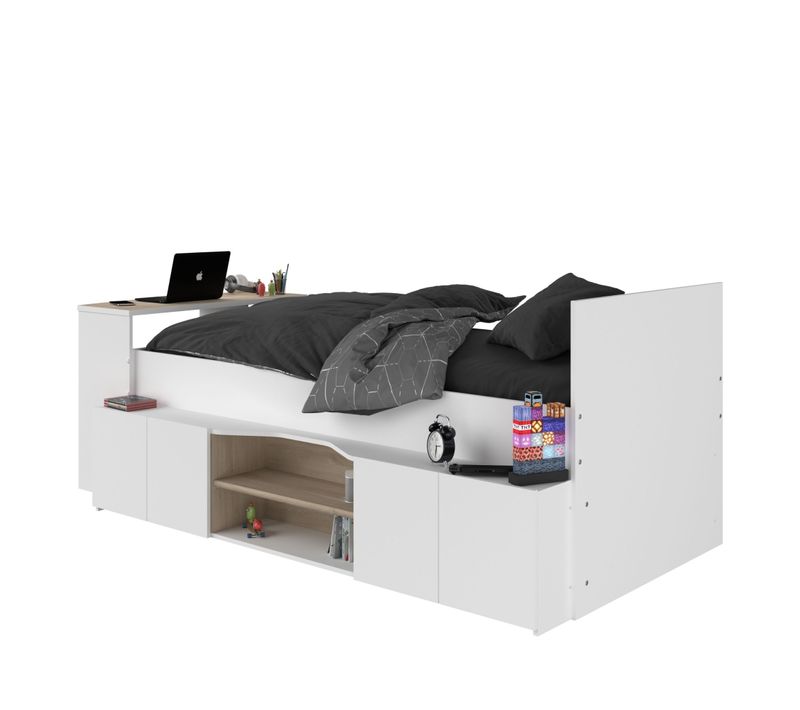 Lit Enfant 90x190/200 Avec Bureau Et Rangements Blanc