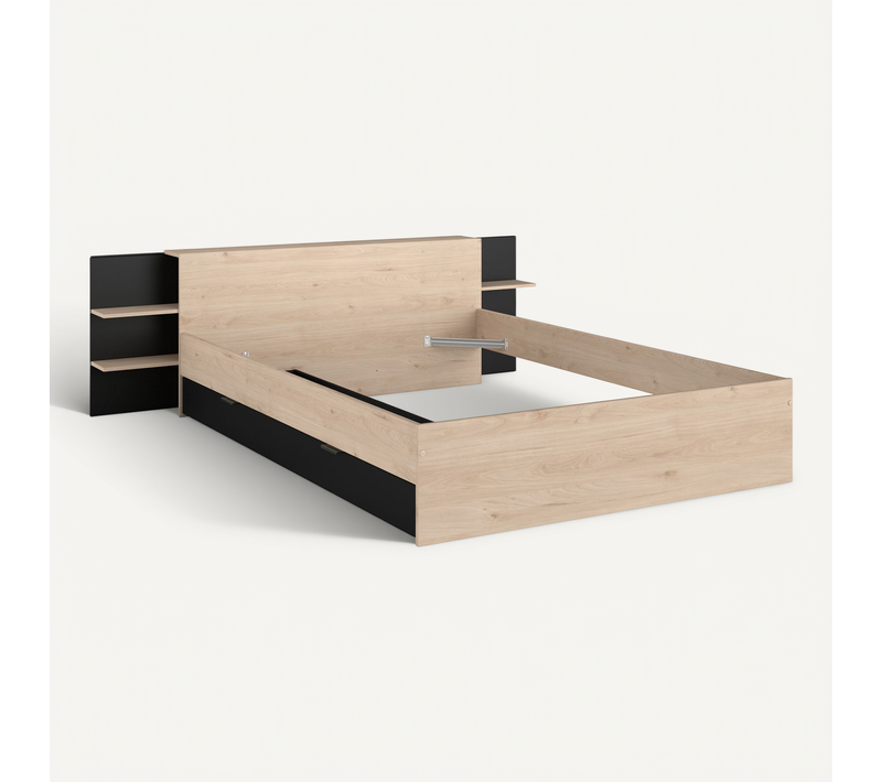 Lit Avec Tête De Lit Rangement Et Tiroir De Lit 140x190/200 Effet Bois Clair Et Noir