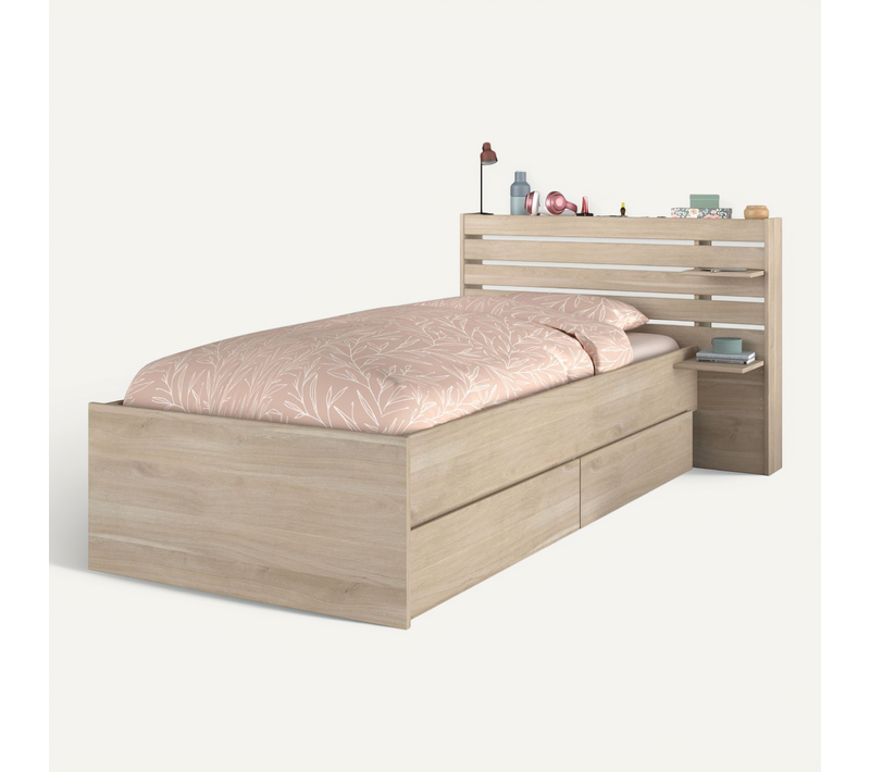 Lit Enfant 90x190/200 Avec Chevet Et Tiroirs Effet Bois