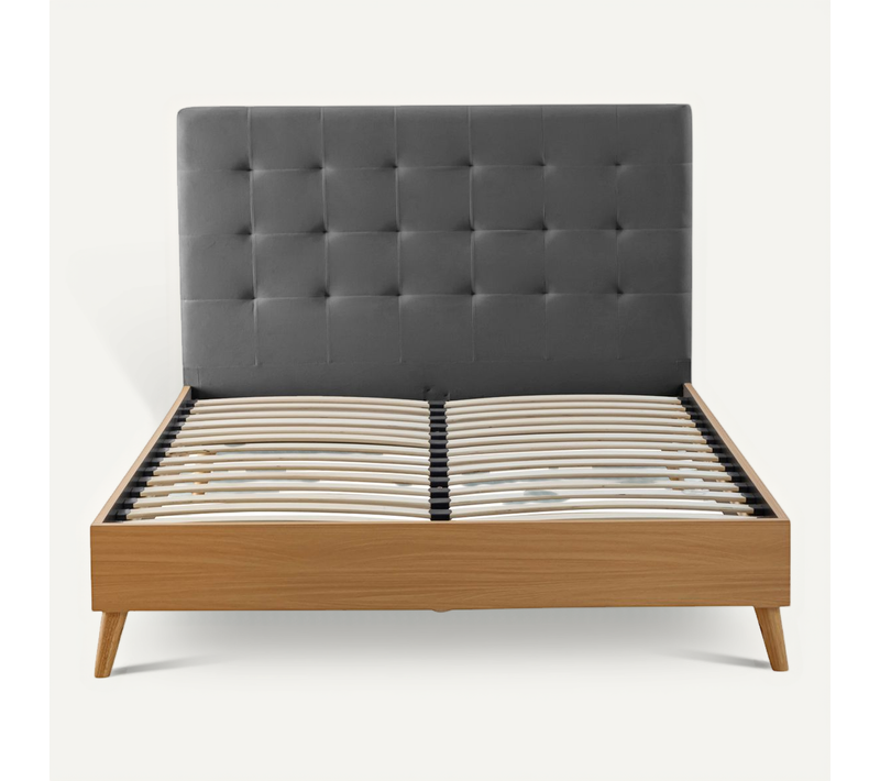 Lit 140x190 Avec Sommier Et Tête De Lit Capitonnée En Velours Gris