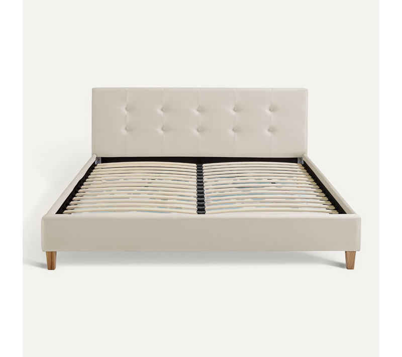 Lit 140x190 En Velours Avec Pieds En Bois écru