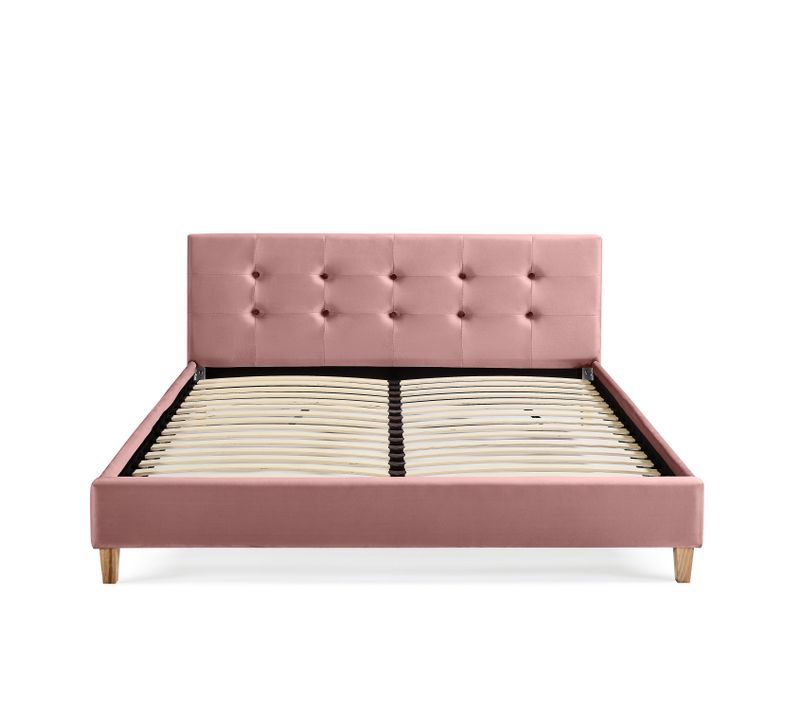 Lit 160x200 En Velours Avec Pieds En Bois Rose Poudré
