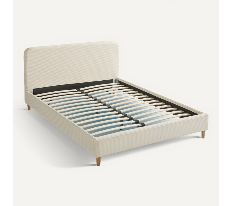 Lit 140x190 En Velours Côtelé Avec Pieds En Bois écru