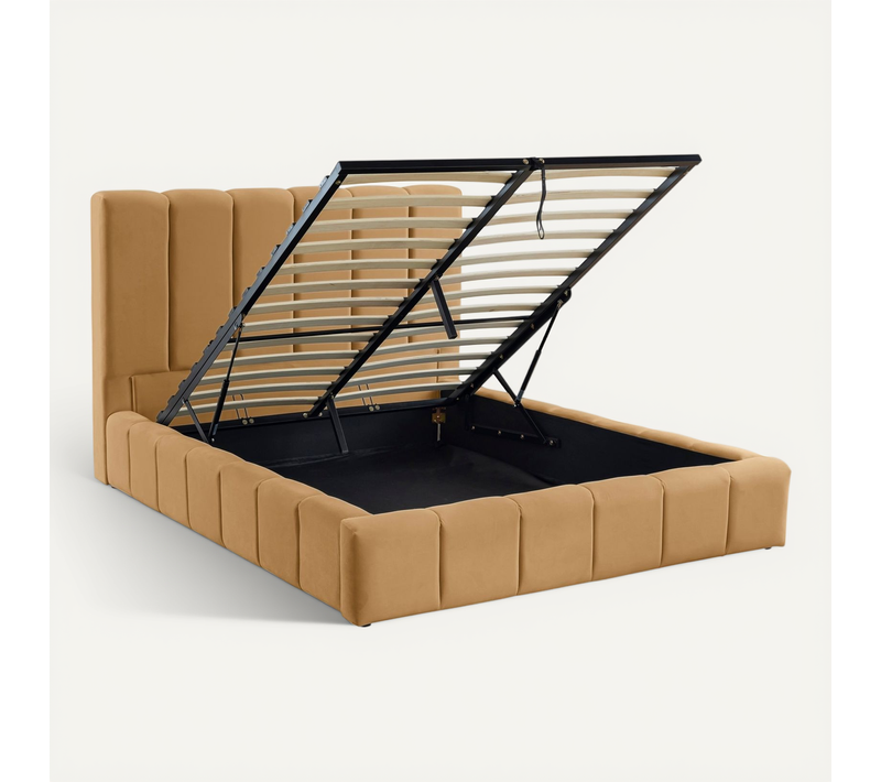 Lit Coffre 140x190 En Velours Matelassé Camel