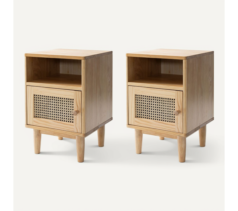 Lot De Deux Tables De Chevet Cannage En Pin Massif