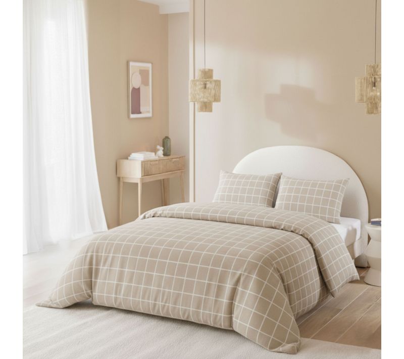 Parure De Lit Flanelle à Carreaux Beige 200x200 Cm