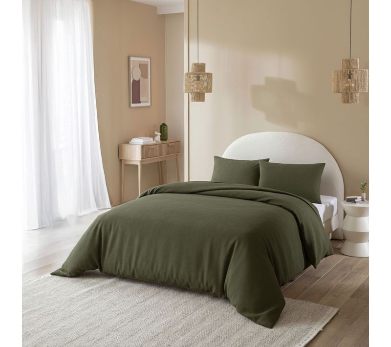 Parure De Lit Flanelle Uni Kaki 240x220
