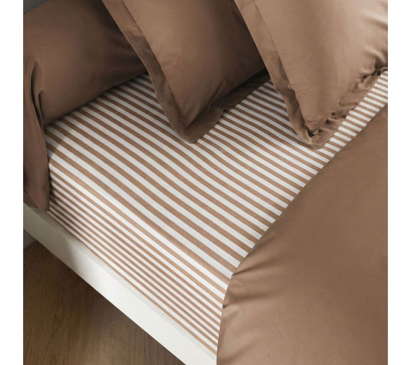 Drap Housse À Rayures 100% Coton Horizon Marron 140x190 Cm