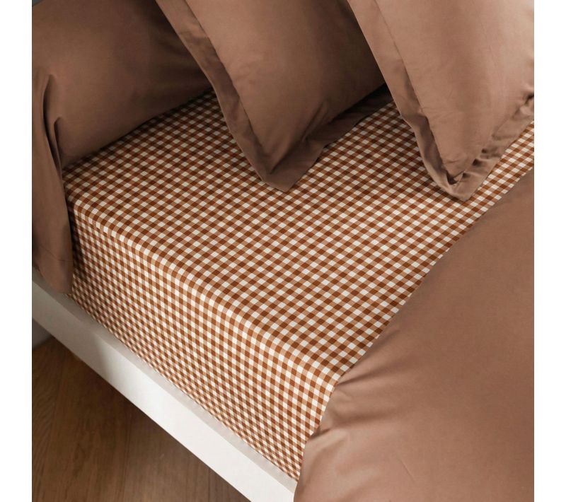 Drap Housse Coton à Carreaux Marron Vichy 180x200 Cm