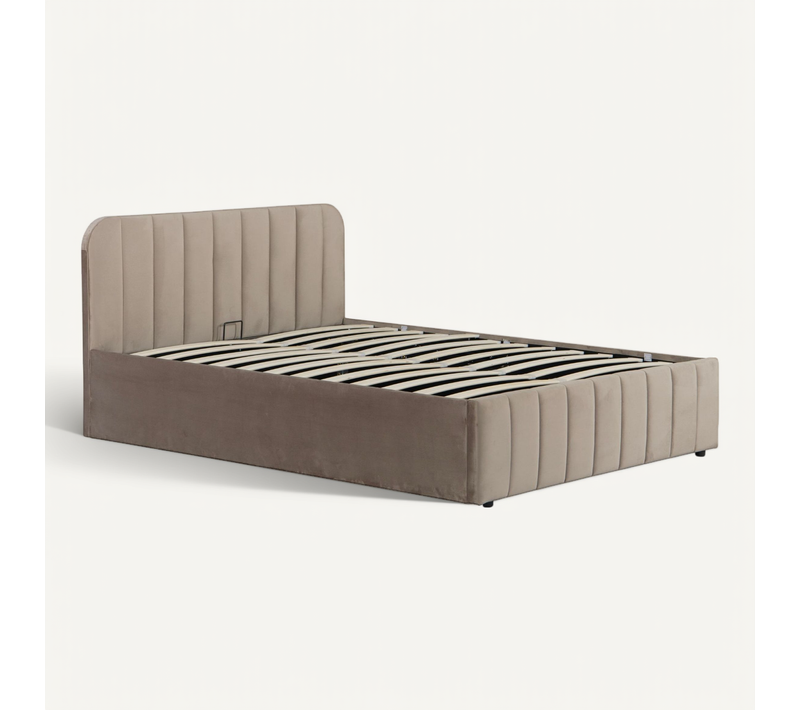 Lit Coffre En Velours 140x190 Avec Tête De Lit Taupe