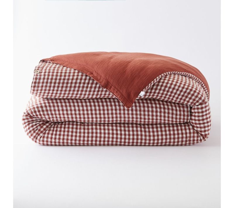 Housse De Couette Gaze De Coton Carreaux Vichy Terracotta 260x240 Cm