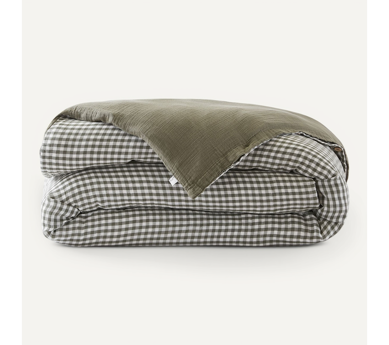 Housse De Couette Gaze De Coton Carreaux Vichy Kaki 140x200 Cm