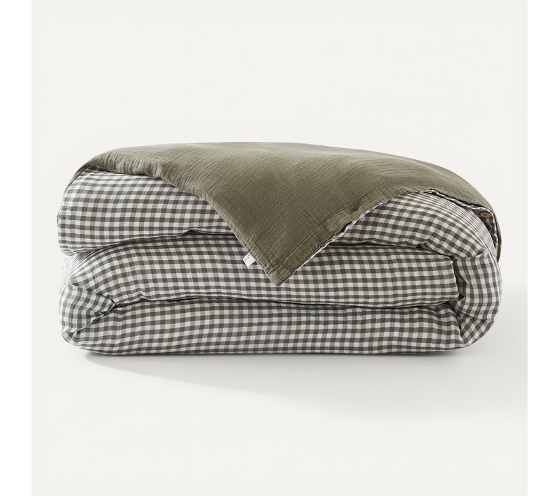 Housse De Couette Gaze De Coton Carreaux Vichy Kaki 240x220 Cm